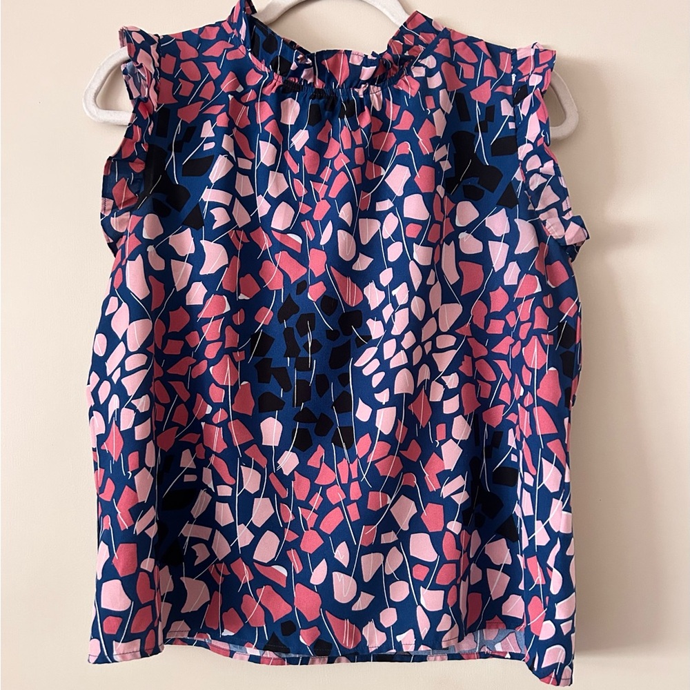 THML Navy and Pink Ruffle-Trim Sleeveless Blouse